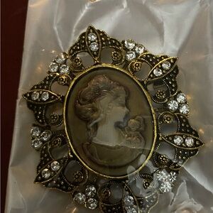 Vintage Cameo Brooch with Gold and Crystal Accents Costume Jewelry